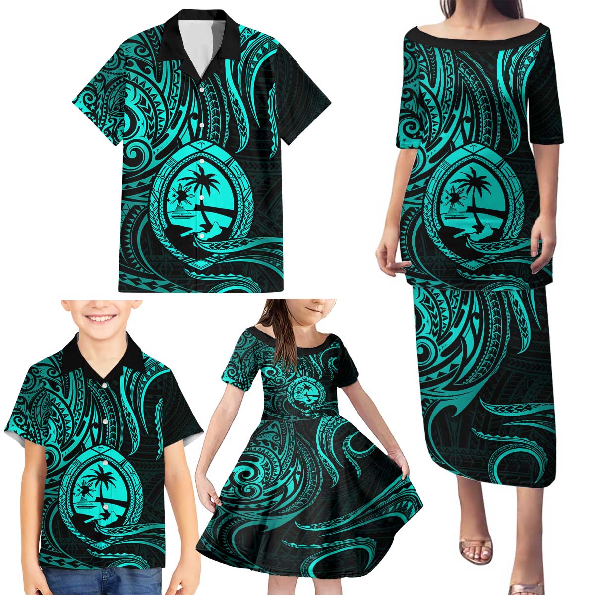 Polynesian Guam Coat of Arms Family Matching Puletasi and Hawaiian Shirt Polynesian Tribal Tattoo Turquoise Version LT9 - Polynesian Pride