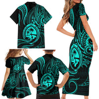 Polynesian Guam Coat of Arms Family Matching Short Sleeve Bodycon Dress and Hawaiian Shirt Polynesian Tribal Tattoo Turquoise Version LT9 - Polynesian Pride