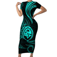 Polynesian Guam Coat of Arms Family Matching Short Sleeve Bodycon Dress and Hawaiian Shirt Polynesian Tribal Tattoo Turquoise Version LT9 Mom's Dress Turquoise - Polynesian Pride