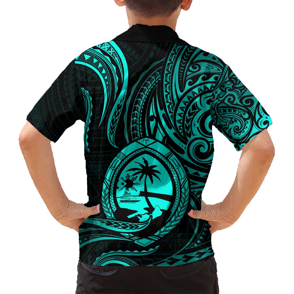 Polynesian Guam Coat of Arms Family Matching Summer Maxi Dress and Hawaiian Shirt Polynesian Tribal Tattoo Turquoise Version LT9 - Polynesian Pride