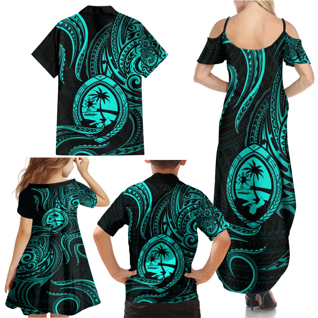 Polynesian Guam Coat of Arms Family Matching Summer Maxi Dress and Hawaiian Shirt Polynesian Tribal Tattoo Turquoise Version LT9 - Polynesian Pride