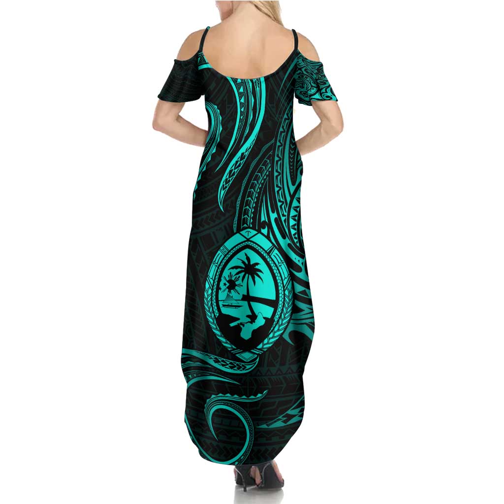 Polynesian Guam Coat of Arms Family Matching Summer Maxi Dress and Hawaiian Shirt Polynesian Tribal Tattoo Turquoise Version LT9 - Polynesian Pride