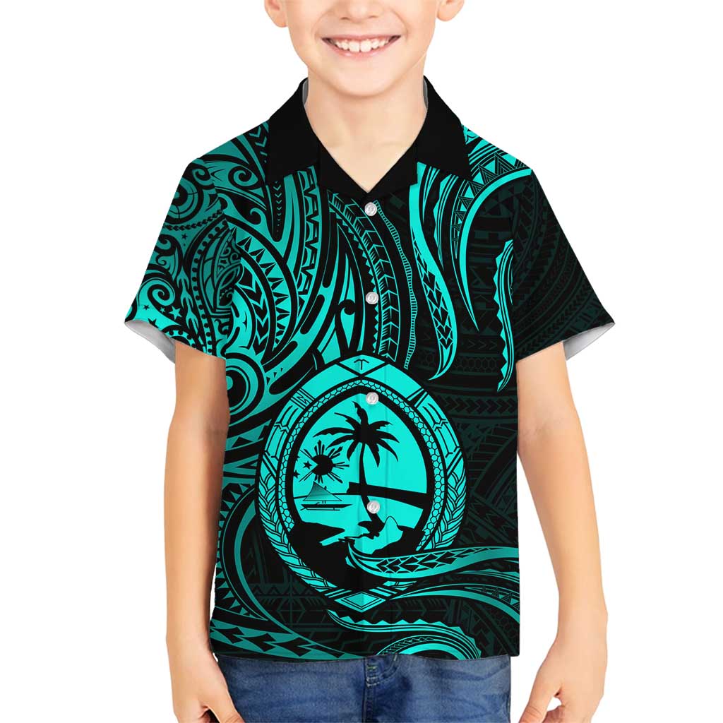 Polynesian Guam Coat of Arms Family Matching Summer Maxi Dress and Hawaiian Shirt Polynesian Tribal Tattoo Turquoise Version LT9 Son's Shirt Turquoise - Polynesian Pride
