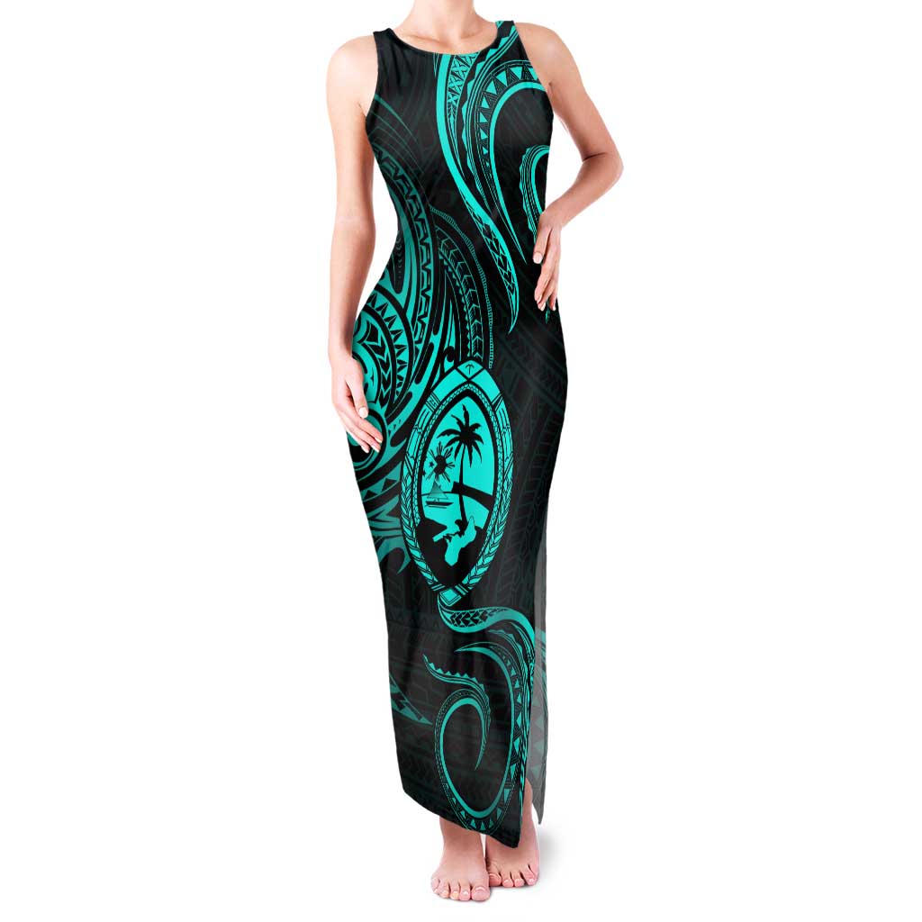 Polynesian Guam Coat of Arms Family Matching Tank Maxi Dress and Hawaiian Shirt Polynesian Tribal Tattoo Turquoise Version LT9 Mom's Dress Turquoise - Polynesian Pride