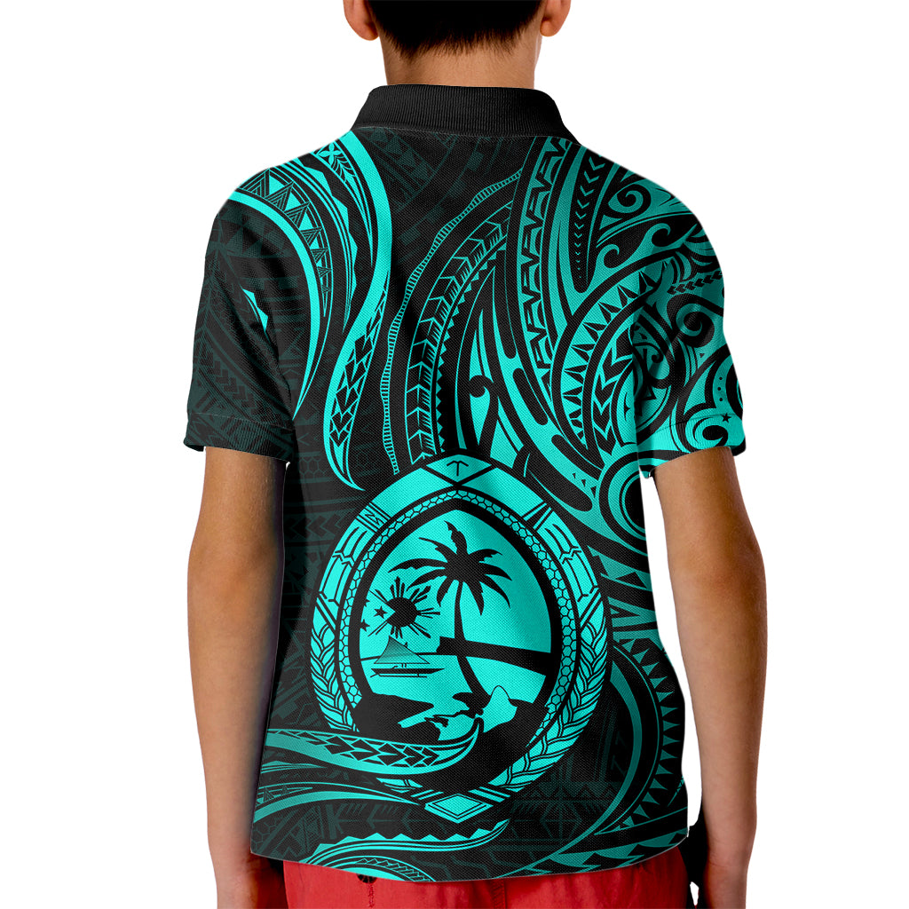 Polynesian Pride Guam Kid Polo Shirt With Polynesian Tribal Tattoo and Coat of Arms Turquoise Version LT9 - Polynesian Pride