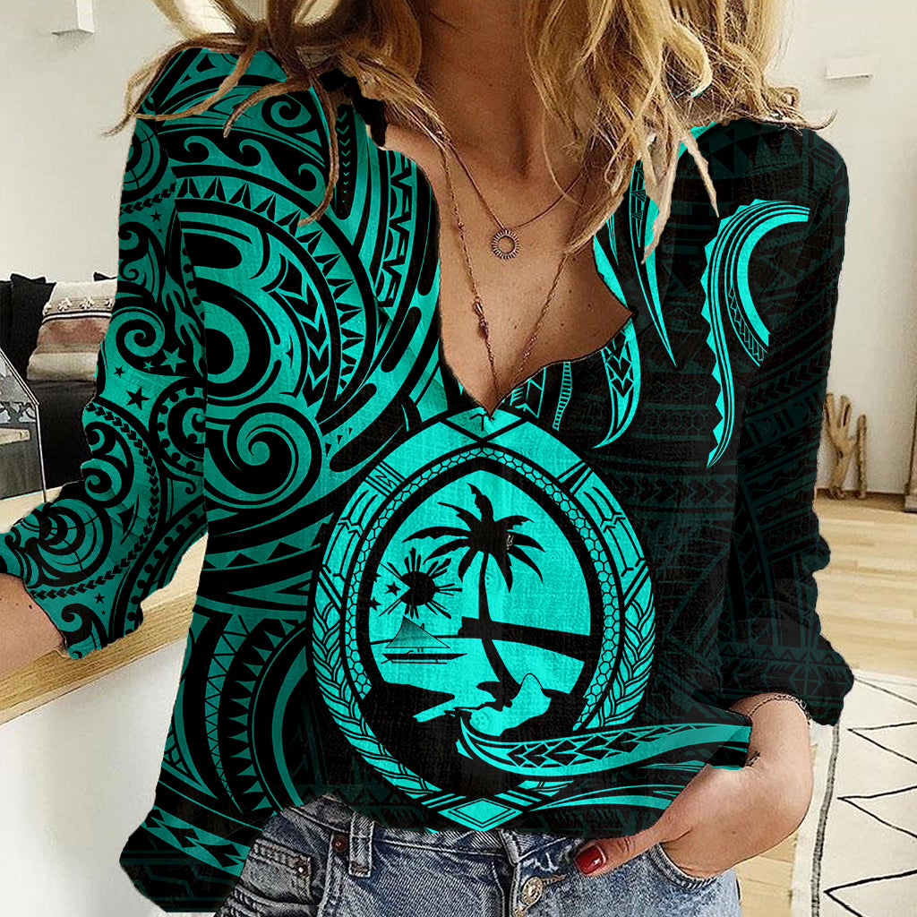 Polynesian Pride Guam Women Casual Shirt With Polynesian Tribal Tattoo and Coat of Arms Turquoise Version LT9 Female turquoise - Polynesian Pride