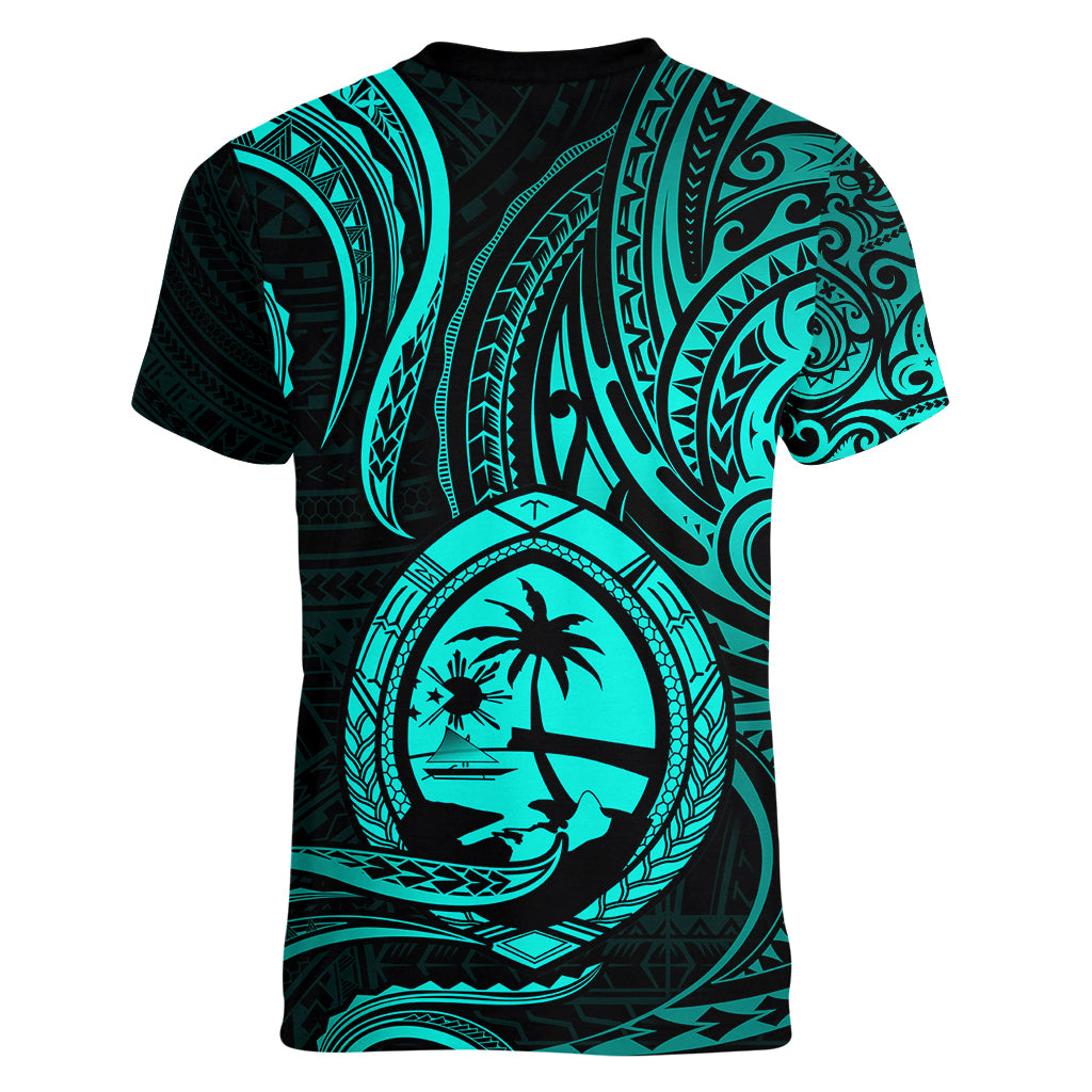 Polynesian Pride Guam Women V Neck T Shirt With Polynesian Tribal Tattoo and Coat of Arms Turquoise Version LT9 - Polynesian Pride