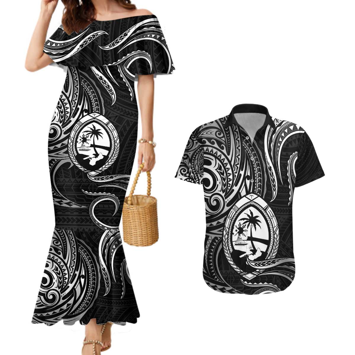 Polynesian Guam Coat of Arms Couples Matching Mermaid Dress and Hawaiian Shirt Polynesian Tribal Tattoo Black Version LT9 Black - Polynesian Pride