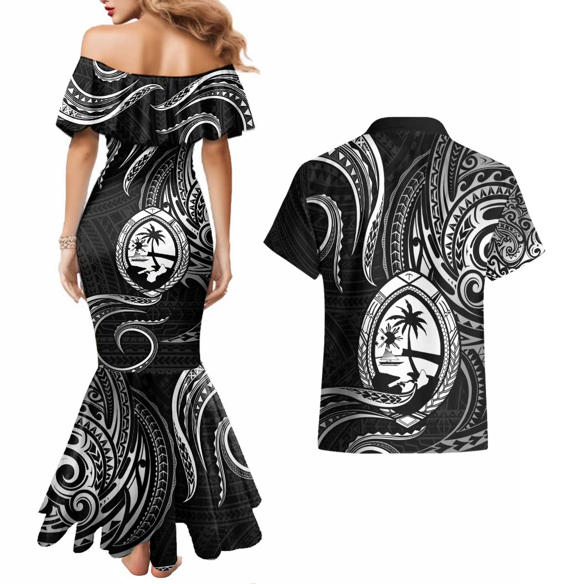 Polynesian Guam Coat of Arms Couples Matching Mermaid Dress and Hawaiian Shirt Polynesian Tribal Tattoo Black Version LT9 - Polynesian Pride