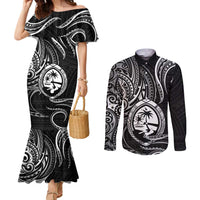 Polynesian Guam Coat of Arms Couples Matching Mermaid Dress and Long Sleeve Button Shirt Polynesian Tribal Tattoo Black Version