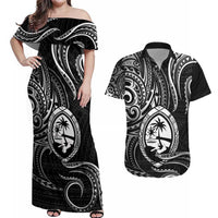 Polynesian Guam Coat of Arms Couples Matching Off Shoulder Maxi Dress and Hawaiian Shirt Polynesian Tribal Tattoo Black Version LT9 Black - Polynesian Pride