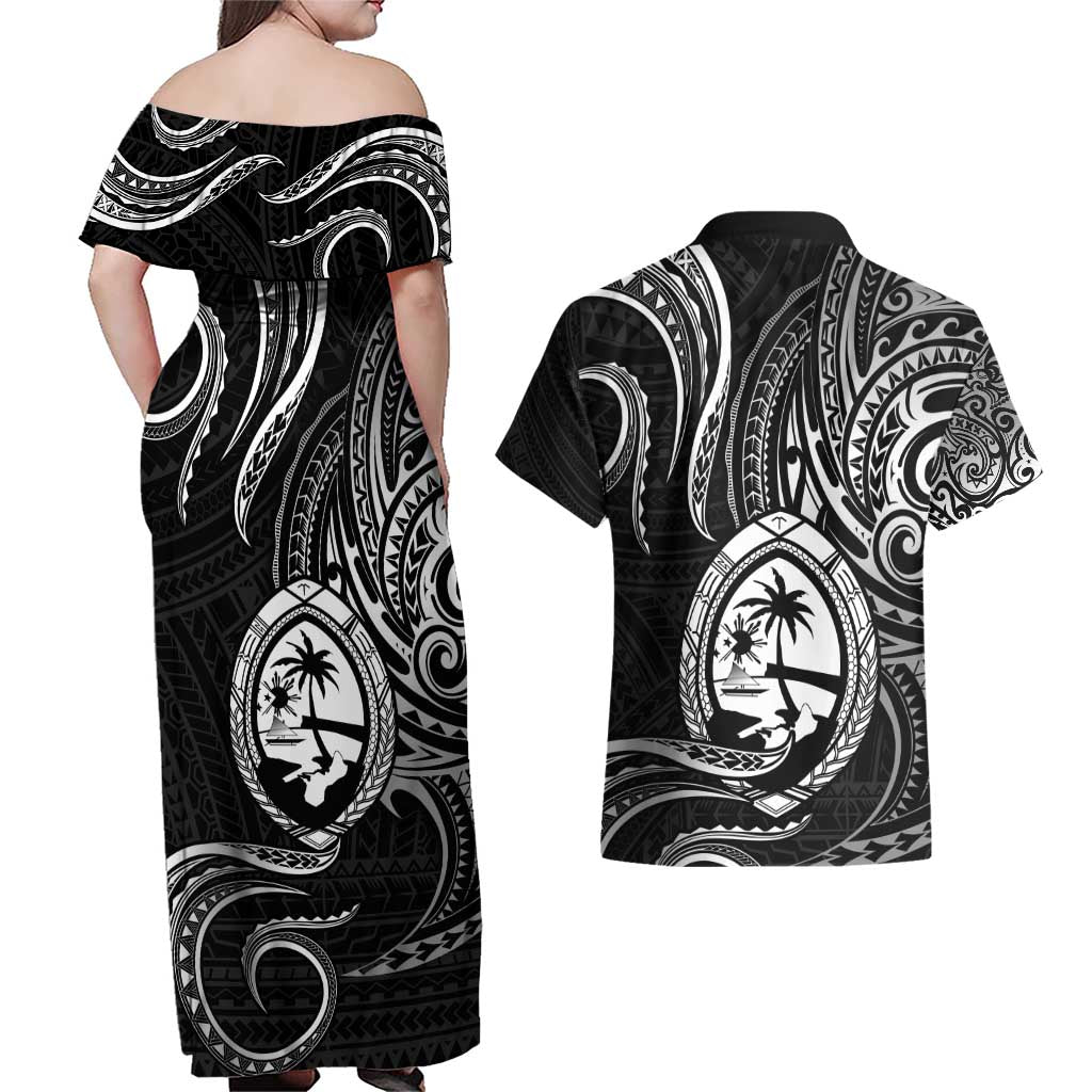 Polynesian Guam Coat of Arms Couples Matching Off Shoulder Maxi Dress and Hawaiian Shirt Polynesian Tribal Tattoo Black Version LT9 - Polynesian Pride