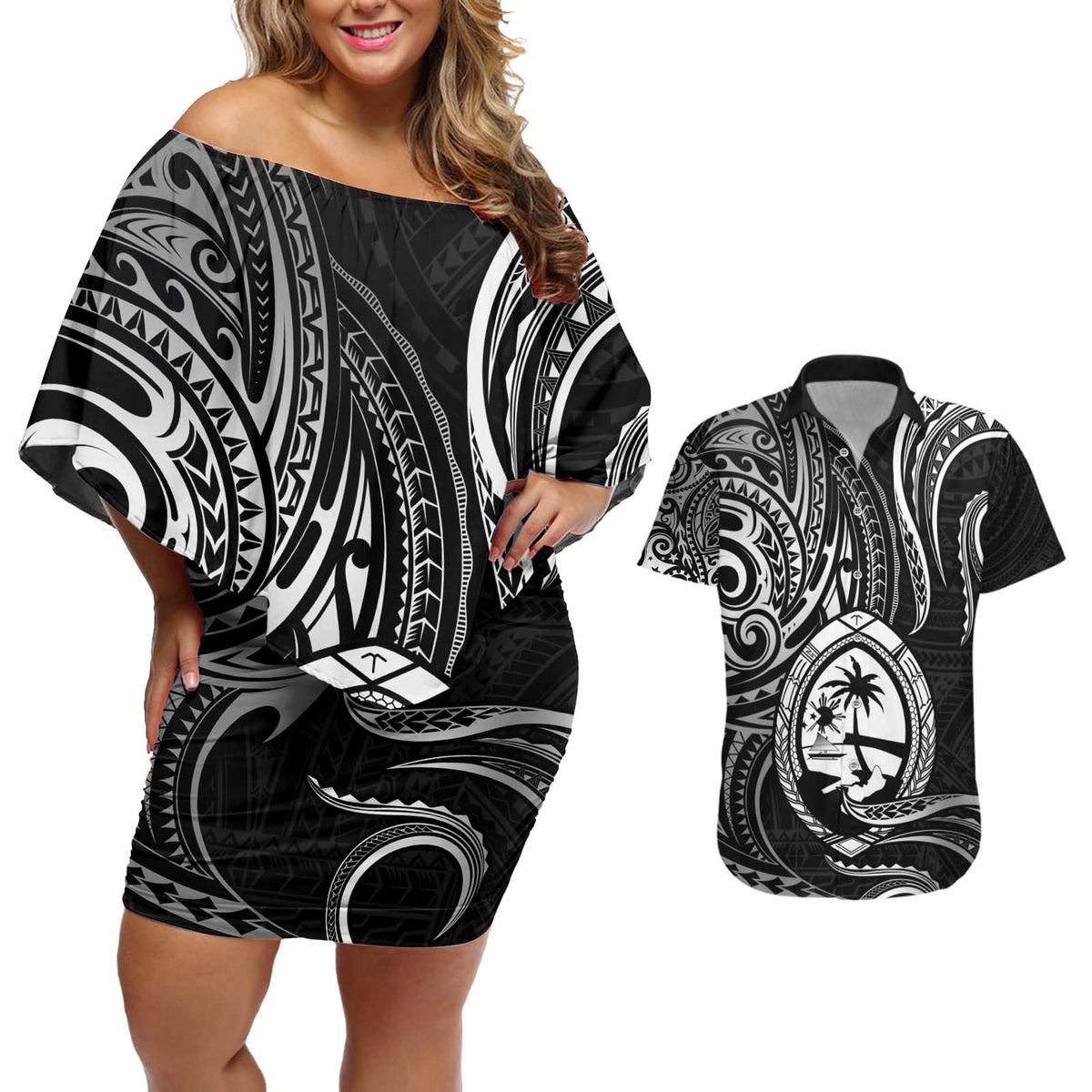 Polynesian Guam Coat of Arms Couples Matching Off Shoulder Short Dress and Hawaiian Shirt Polynesian Tribal Tattoo Black Version LT9 Black - Polynesian Pride