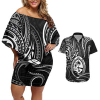 Polynesian Guam Coat of Arms Couples Matching Off Shoulder Short Dress and Hawaiian Shirt Polynesian Tribal Tattoo Black Version LT9 Black - Polynesian Pride