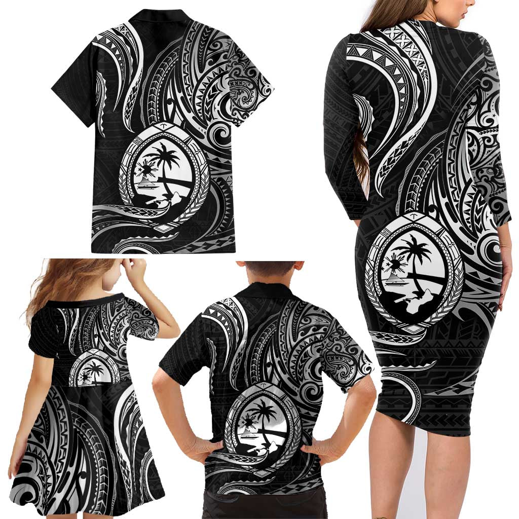 Polynesian Guam Coat of Arms Family Matching Long Sleeve Bodycon Dress and Hawaiian Shirt Polynesian Tribal Tattoo Black Version LT9 - Polynesian Pride