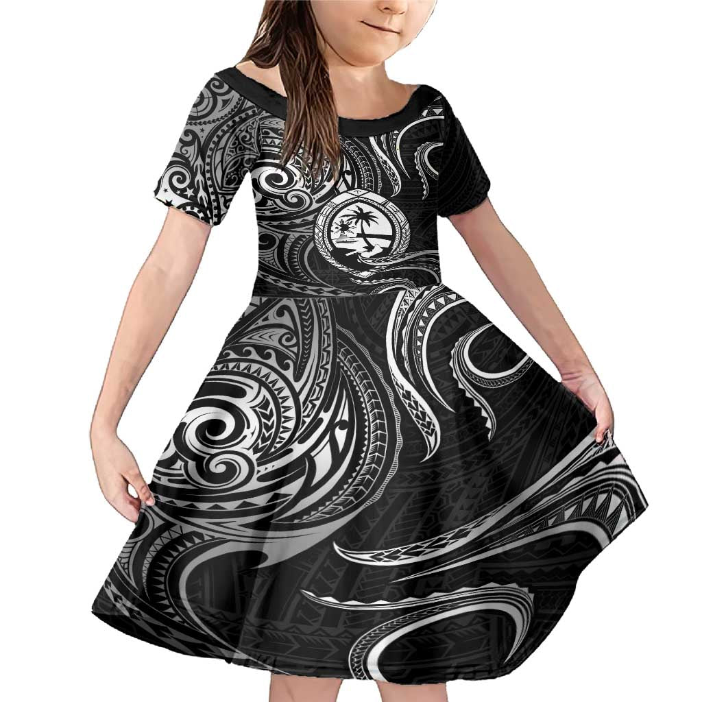 Polynesian Guam Coat of Arms Family Matching Mermaid Dress and Hawaiian Shirt Polynesian Tribal Tattoo Black Version LT9 Daughter's Dress Black - Polynesian Pride