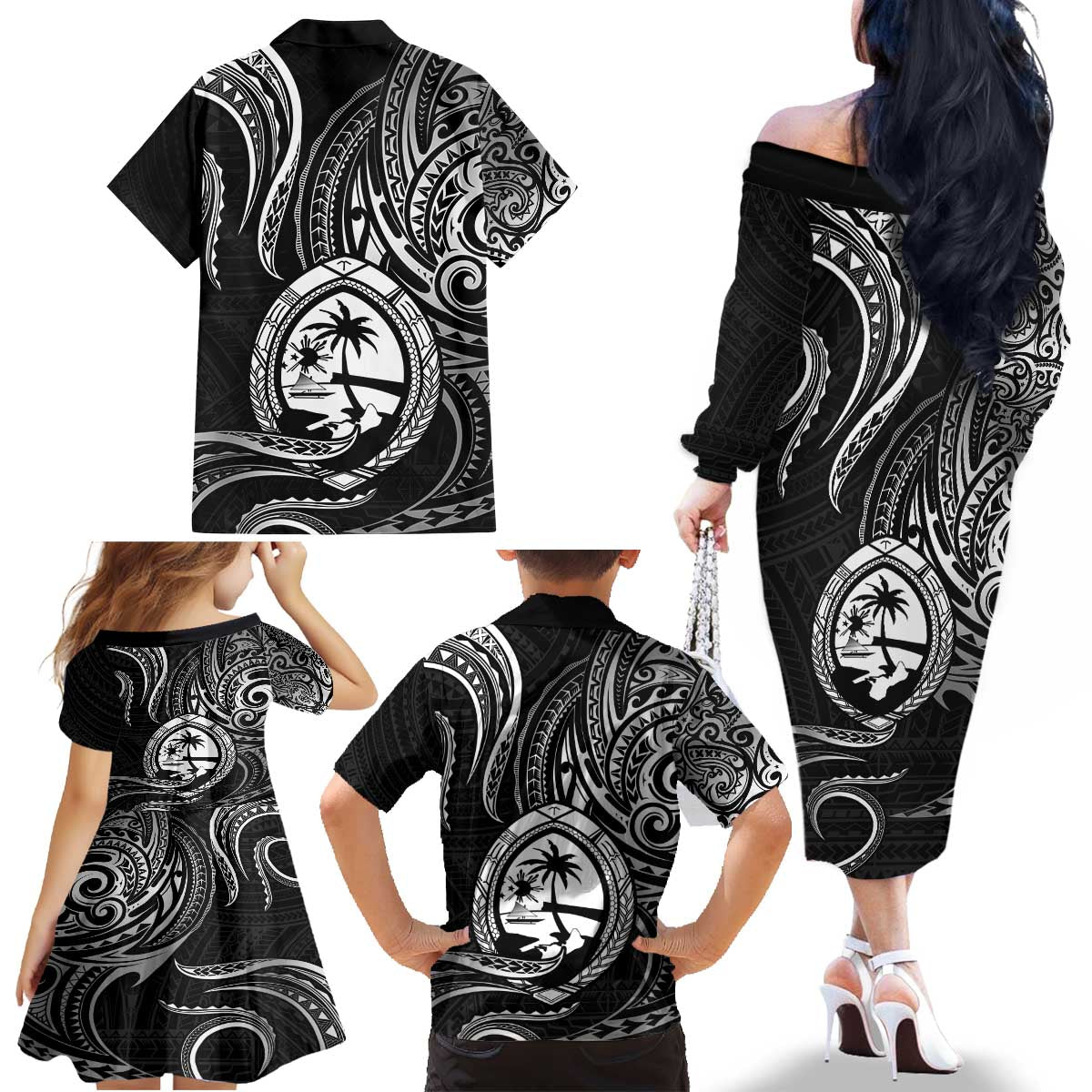 Polynesian Guam Coat of Arms Family Matching Off The Shoulder Long Sleeve Dress and Hawaiian Shirt Polynesian Tribal Tattoo Black Version LT9 - Polynesian Pride