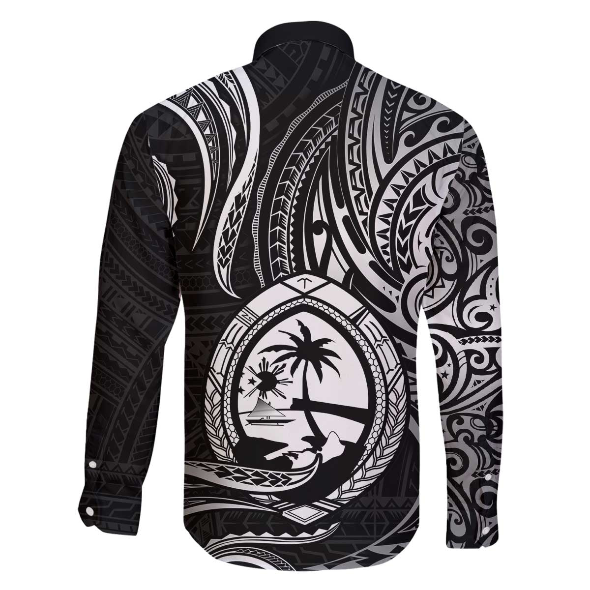 Polynesian Guam Coat of Arms Family Matching Off The Shoulder Long Sleeve Dress and Hawaiian Shirt Polynesian Tribal Tattoo Black Version LT9 - Polynesian Pride