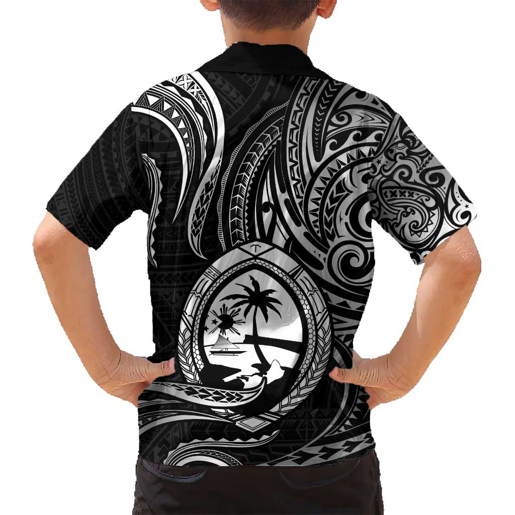 Polynesian Guam Coat of Arms Family Matching Off Shoulder Maxi Dress and Hawaiian Shirt Polynesian Tribal Tattoo Black Version LT9 - Polynesian Pride