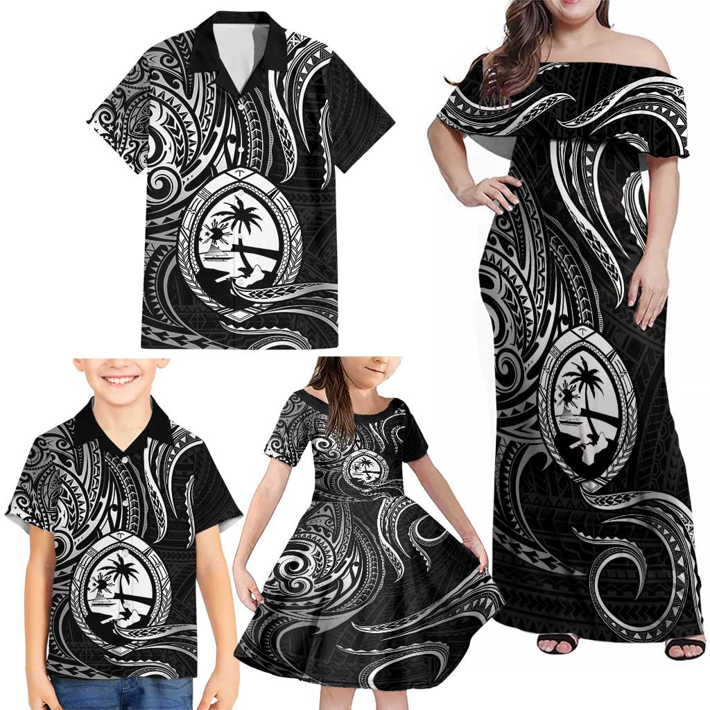 Polynesian Guam Coat of Arms Family Matching Off Shoulder Maxi Dress and Hawaiian Shirt Polynesian Tribal Tattoo Black Version LT9 - Polynesian Pride