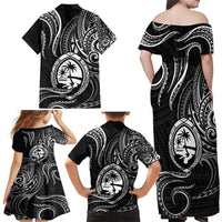 Polynesian Guam Coat of Arms Family Matching Off Shoulder Maxi Dress and Hawaiian Shirt Polynesian Tribal Tattoo Black Version LT9 - Polynesian Pride