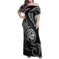 Polynesian Guam Coat of Arms Family Matching Off Shoulder Maxi Dress and Hawaiian Shirt Polynesian Tribal Tattoo Black Version LT9 Mom's Dress Black - Polynesian Pride
