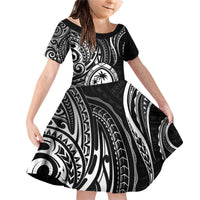 Polynesian Guam Coat of Arms Family Matching Off Shoulder Short Dress and Hawaiian Shirt Polynesian Tribal Tattoo Black Version LT9 Daughter's Dress Black - Polynesian Pride