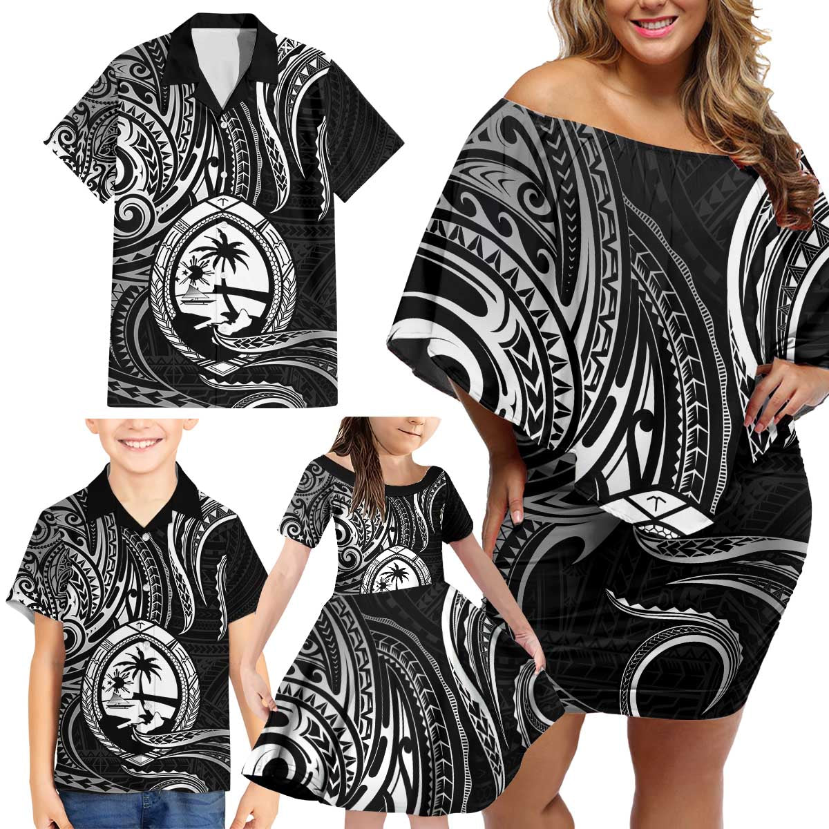Polynesian Guam Coat of Arms Family Matching Off Shoulder Short Dress and Hawaiian Shirt Polynesian Tribal Tattoo Black Version LT9 - Polynesian Pride