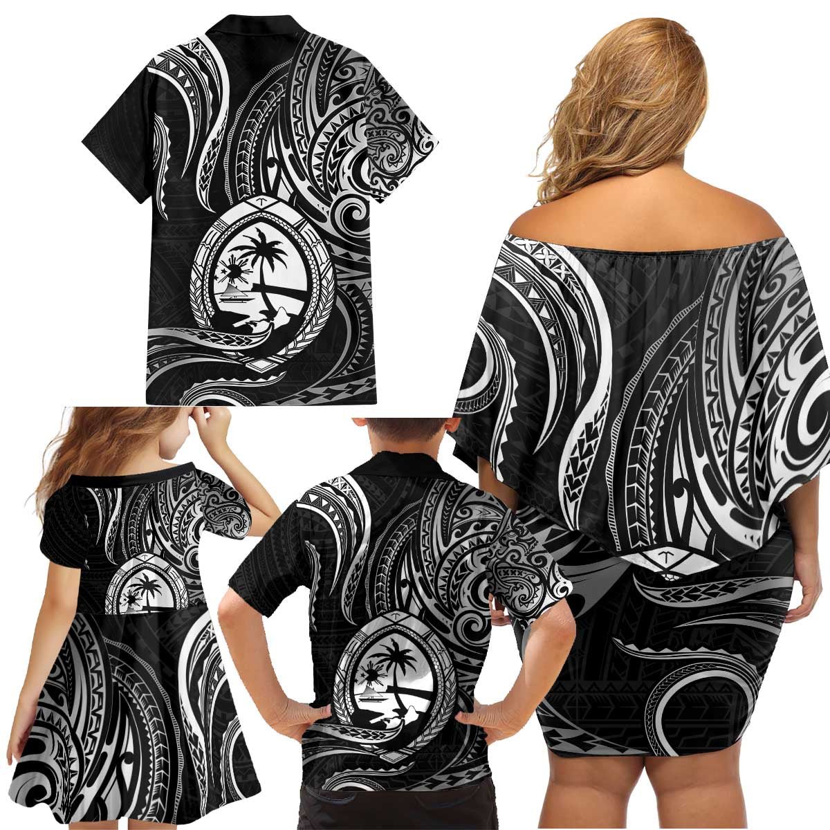 Polynesian Guam Coat of Arms Family Matching Off Shoulder Short Dress and Hawaiian Shirt Polynesian Tribal Tattoo Black Version LT9 - Polynesian Pride