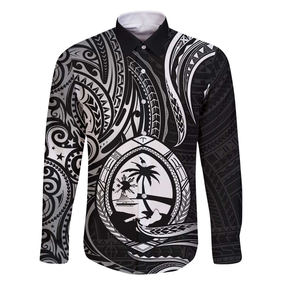 Polynesian Guam Coat of Arms Family Matching Off Shoulder Short Dress and Hawaiian Shirt Polynesian Tribal Tattoo Black Version LT9 Dad's Shirt - Long Sleeve Black - Polynesian Pride