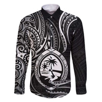 Polynesian Guam Coat of Arms Family Matching Off Shoulder Short Dress and Hawaiian Shirt Polynesian Tribal Tattoo Black Version LT9 Dad's Shirt - Long Sleeve Black - Polynesian Pride