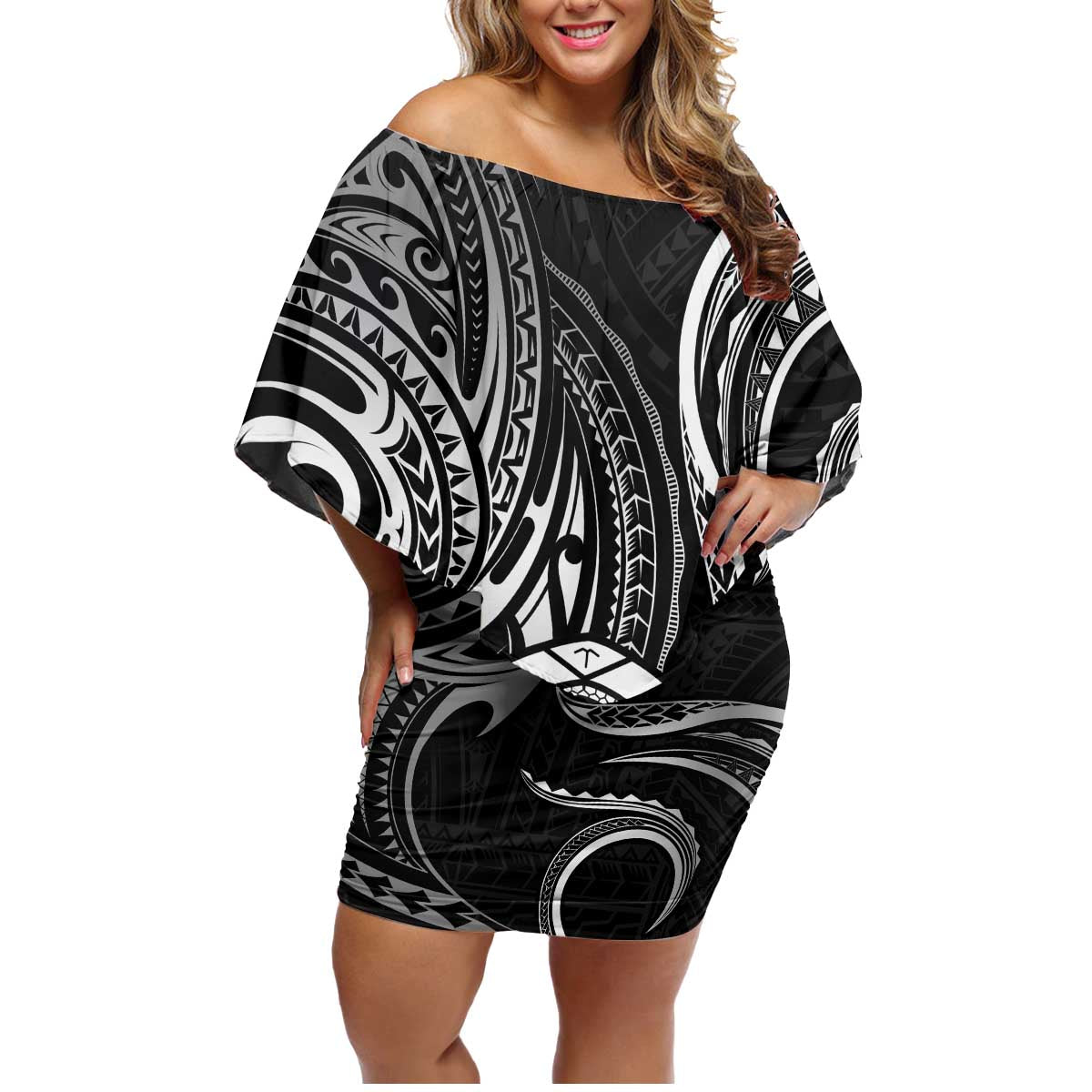 Polynesian Guam Coat of Arms Family Matching Off Shoulder Short Dress and Hawaiian Shirt Polynesian Tribal Tattoo Black Version LT9 Mom's Dress Black - Polynesian Pride