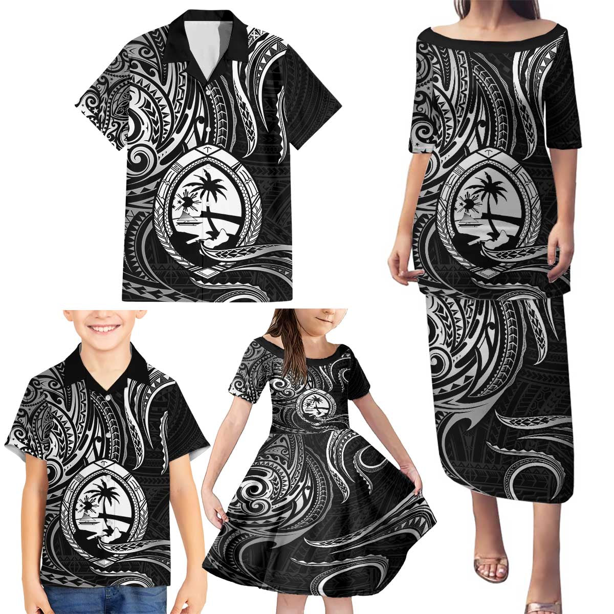 Polynesian Guam Coat of Arms Family Matching Puletasi and Hawaiian Shirt Polynesian Tribal Tattoo Black Version LT9 - Polynesian Pride