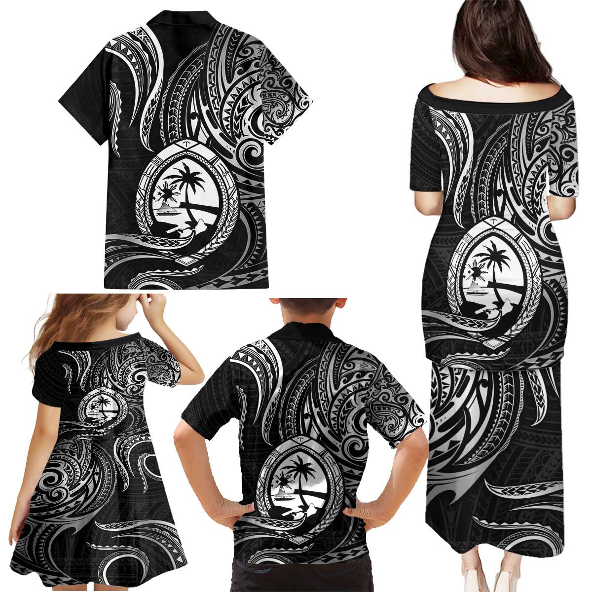 Polynesian Guam Coat of Arms Family Matching Puletasi and Hawaiian Shirt Polynesian Tribal Tattoo Black Version LT9 - Polynesian Pride