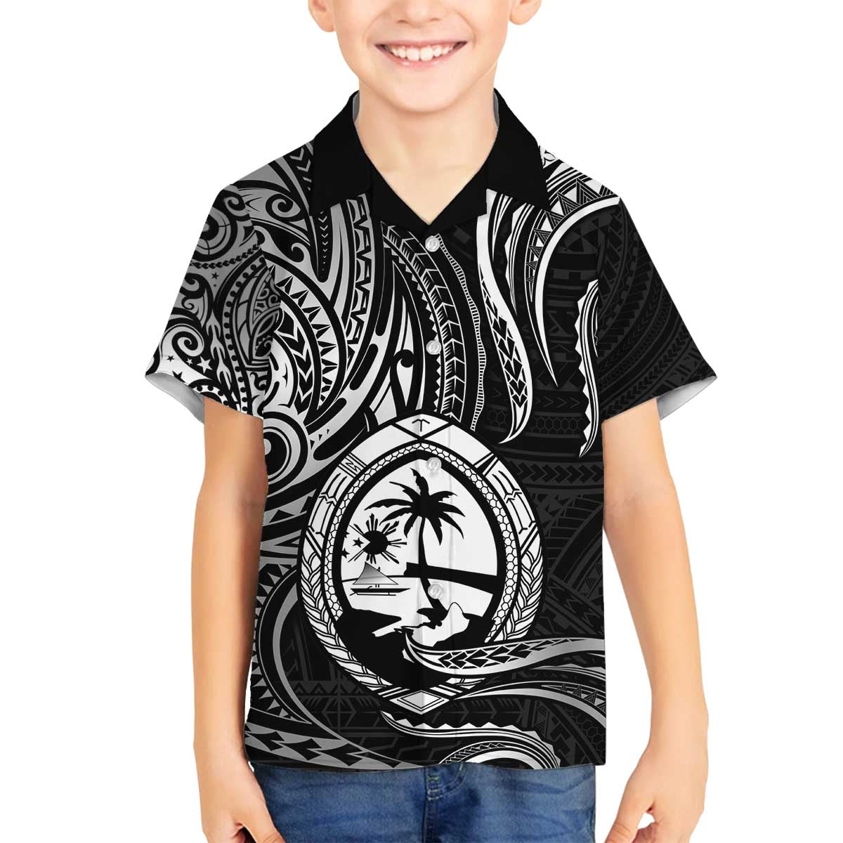 Polynesian Guam Coat of Arms Family Matching Puletasi and Hawaiian Shirt Polynesian Tribal Tattoo Black Version LT9 Son's Shirt Black - Polynesian Pride