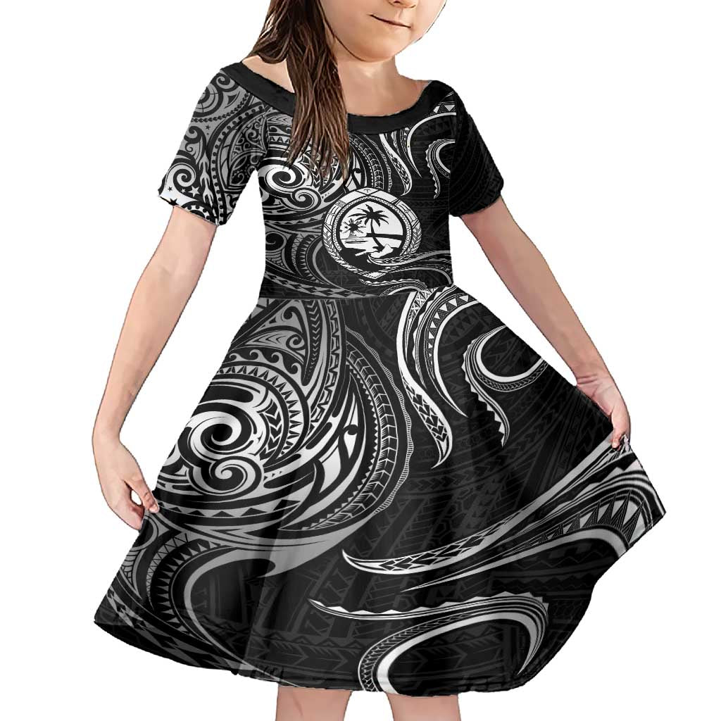 Polynesian Guam Coat of Arms Family Matching Short Sleeve Bodycon Dress and Hawaiian Shirt Polynesian Tribal Tattoo Black Version LT9 Daughter's Dress Black - Polynesian Pride