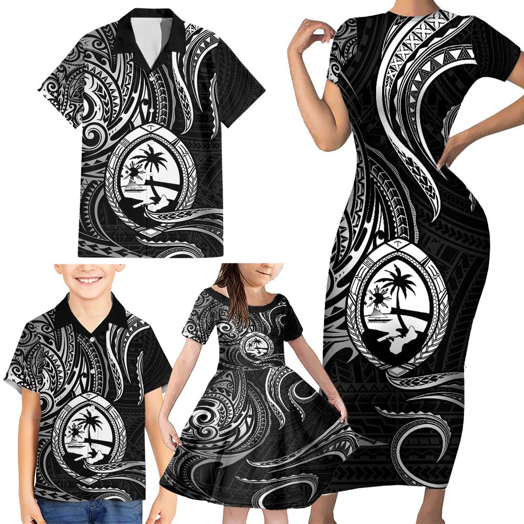 Polynesian Guam Coat of Arms Family Matching Short Sleeve Bodycon Dress and Hawaiian Shirt Polynesian Tribal Tattoo Black Version LT9 - Polynesian Pride
