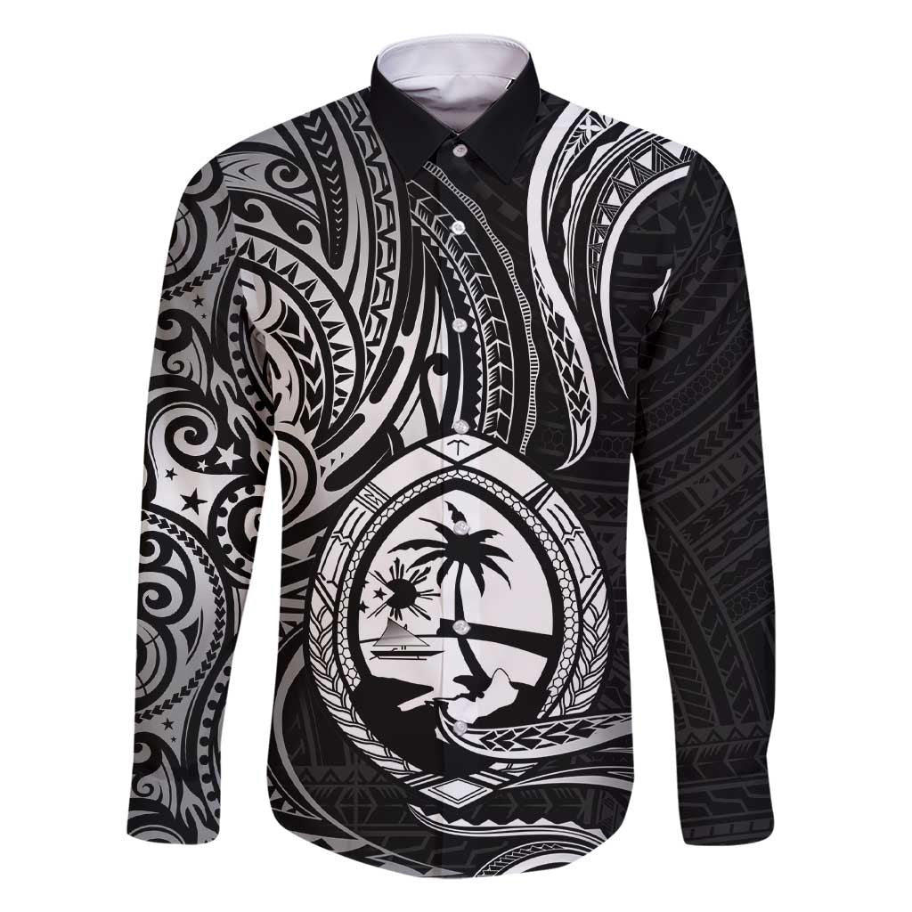 Polynesian Guam Coat of Arms Family Matching Short Sleeve Bodycon Dress and Hawaiian Shirt Polynesian Tribal Tattoo Black Version LT9 Dad's Shirt - Long Sleeve Black - Polynesian Pride