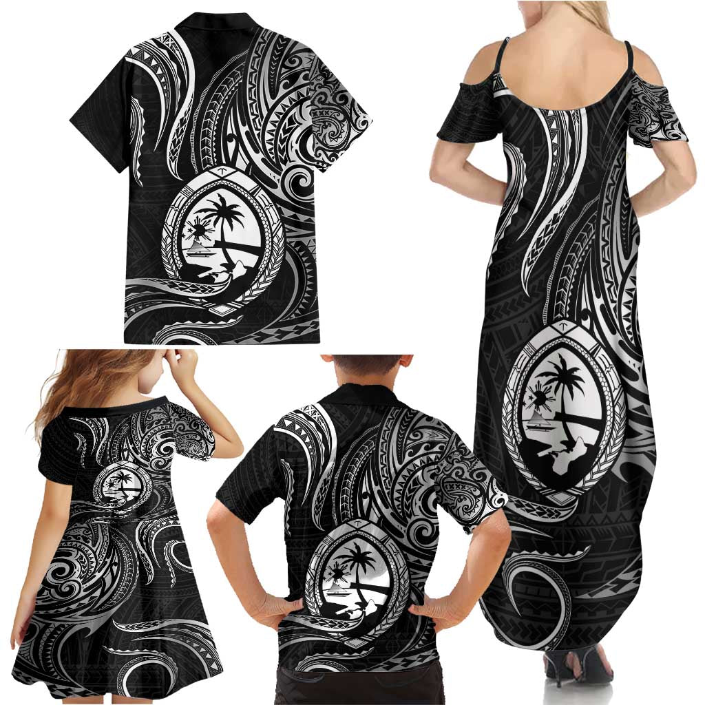 Polynesian Guam Coat of Arms Family Matching Summer Maxi Dress and Hawaiian Shirt Polynesian Tribal Tattoo Black Version LT9 - Polynesian Pride