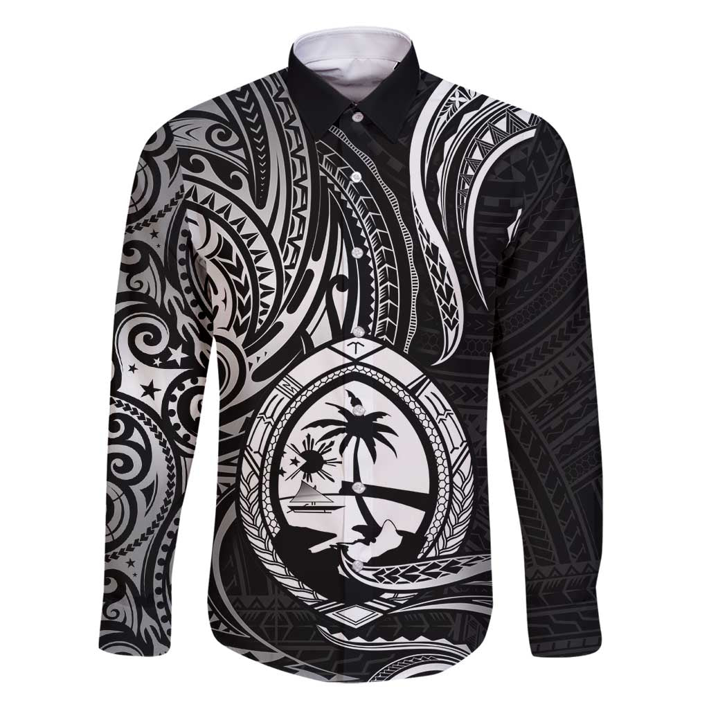 Polynesian Guam Coat of Arms Family Matching Summer Maxi Dress and Hawaiian Shirt Polynesian Tribal Tattoo Black Version LT9 Dad's Shirt - Long Sleeve Black - Polynesian Pride