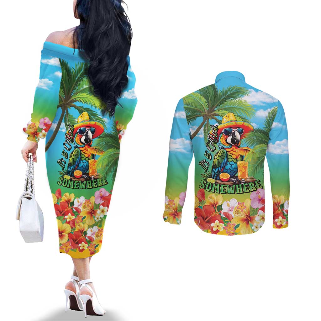 Always 5 O'clock Couples Matching Off The Shoulder Long Sleeve Dress and Long Sleeve Button Shirt Hawaiian Tropical Parrot LT9 - Polynesian Pride