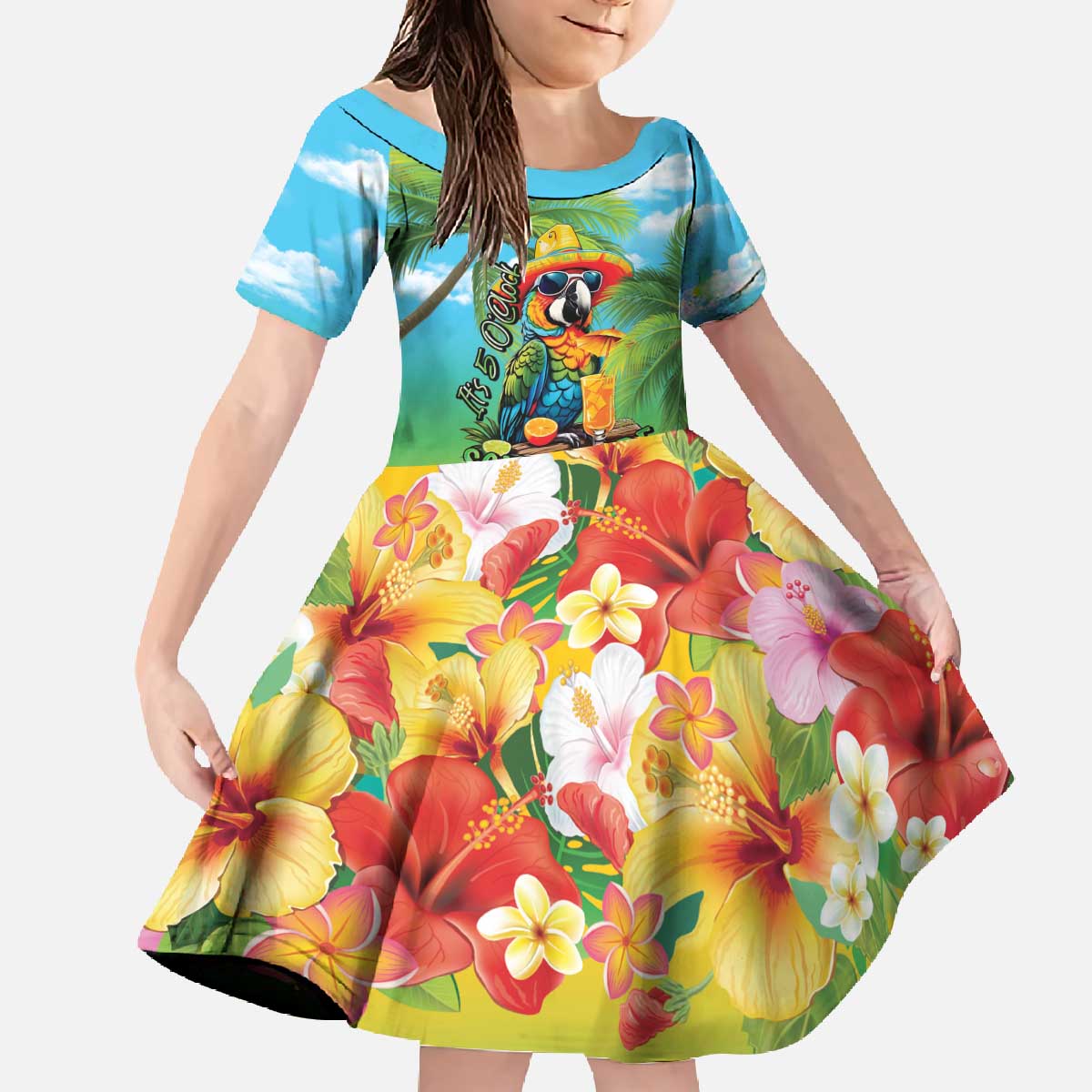 Always 5 O'clock Family Matching Off The Shoulder Long Sleeve Dress and Hawaiian Shirt Hawaiian Tropical Parrot LT9 Daughter's Dress Blue - Polynesian Pride