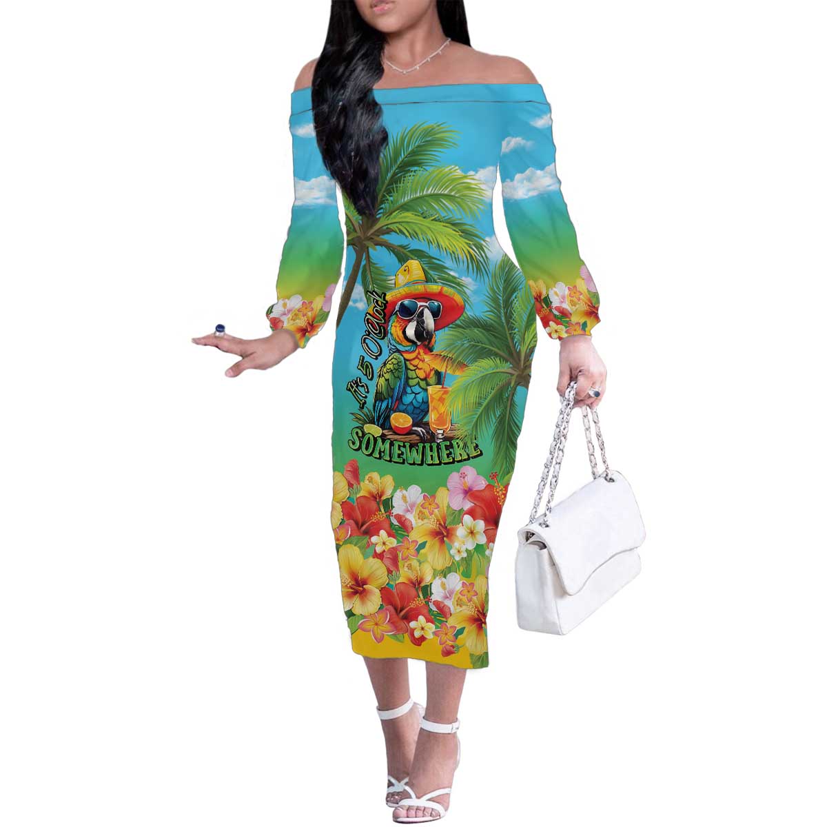 Always 5 O'clock Family Matching Off The Shoulder Long Sleeve Dress and Hawaiian Shirt Hawaiian Tropical Parrot LT9 Mom's Dress Blue - Polynesian Pride