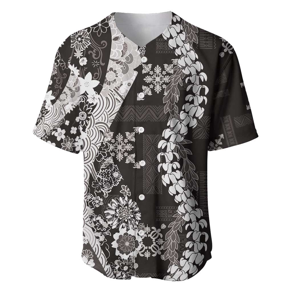 Hawaii Puakenikeni and Maile Lei Baseball Jersey Black Japanese Wave Style LT9 Black - Polynesian Pride