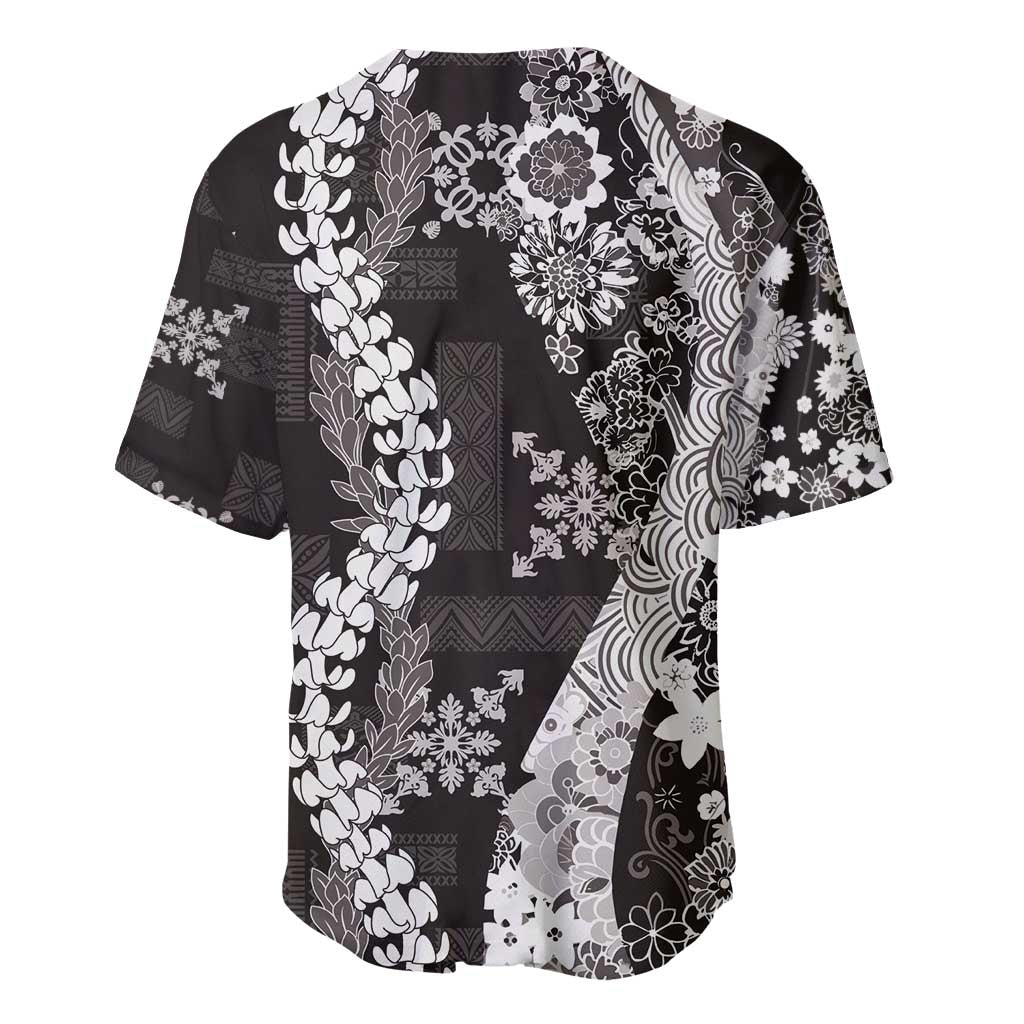Hawaii Puakenikeni and Maile Lei Baseball Jersey Black Japanese Wave Style LT9 - Polynesian Pride