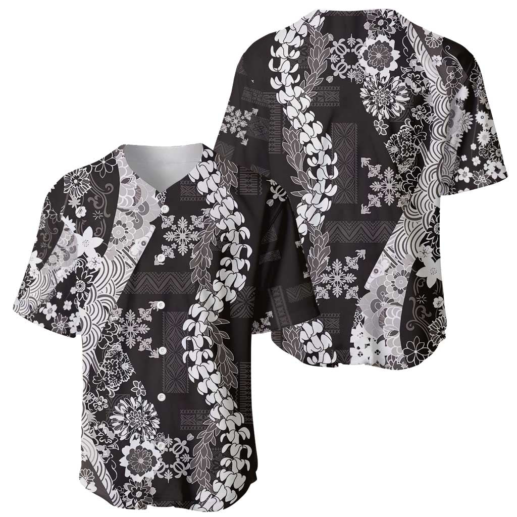 Hawaii Puakenikeni and Maile Lei Baseball Jersey Black Japanese Wave Style LT9 - Polynesian Pride