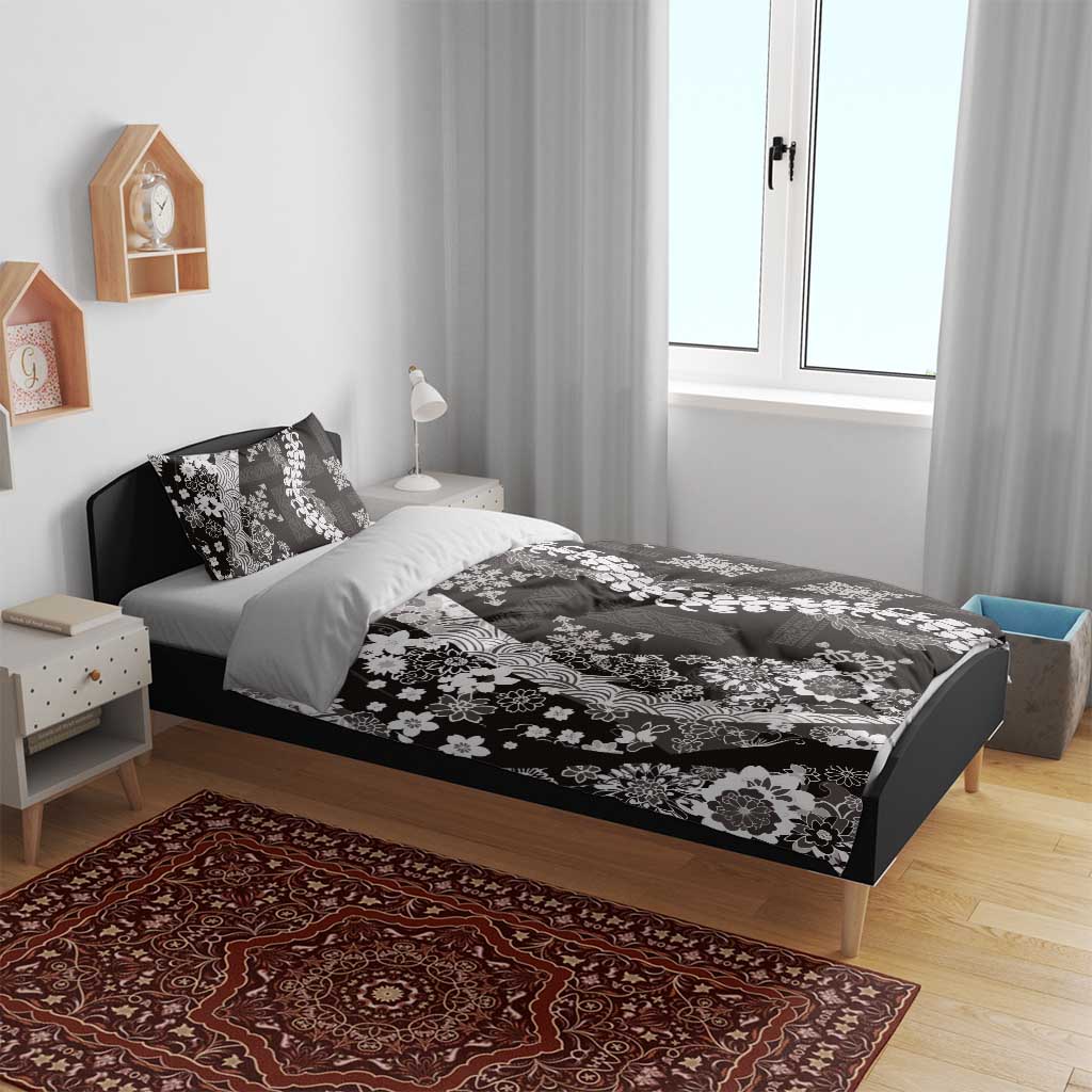 Hawaii Puakenikeni and Maile Lei Bedding Set Black Japanese Wave Style - Polynesian Pride