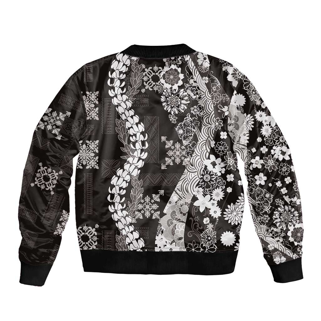Hawaii Puakenikeni and Maile Lei Bomber Jacket Black Japanese Wave Style - Polynesian Pride