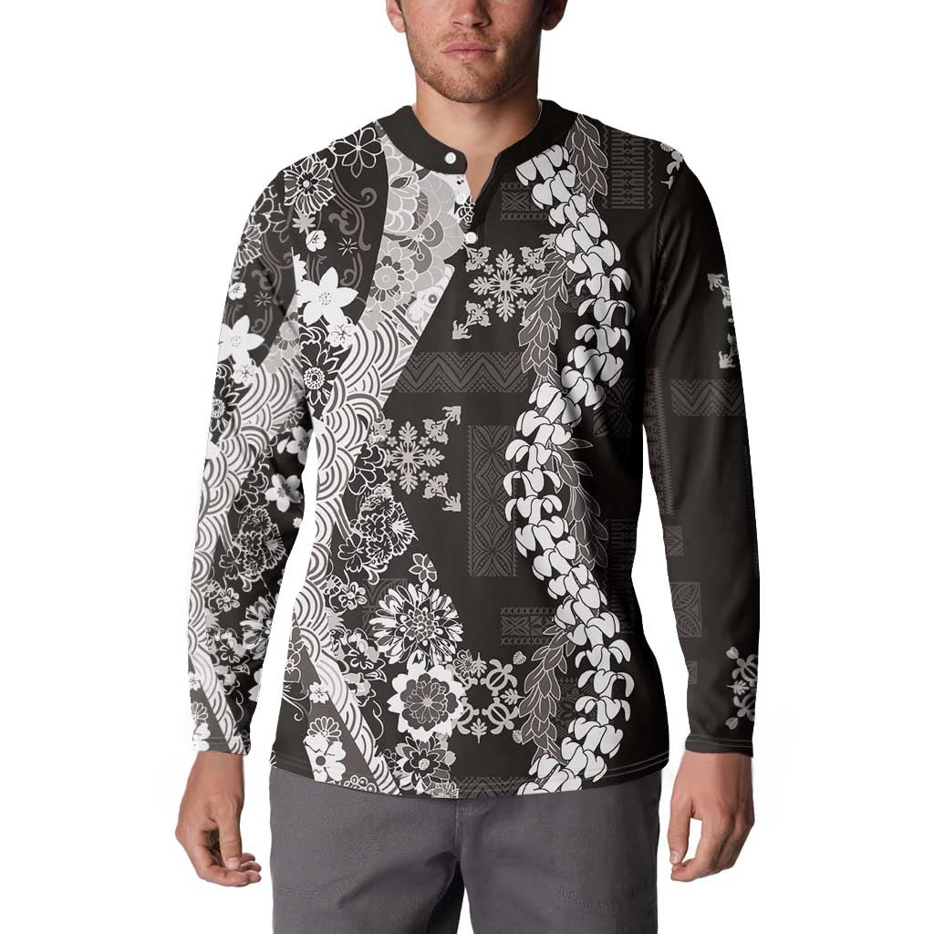 Hawaii Puakenikeni and Maile Lei Button Sweatshirt Black Japanese Wave Style - Polynesian Pride