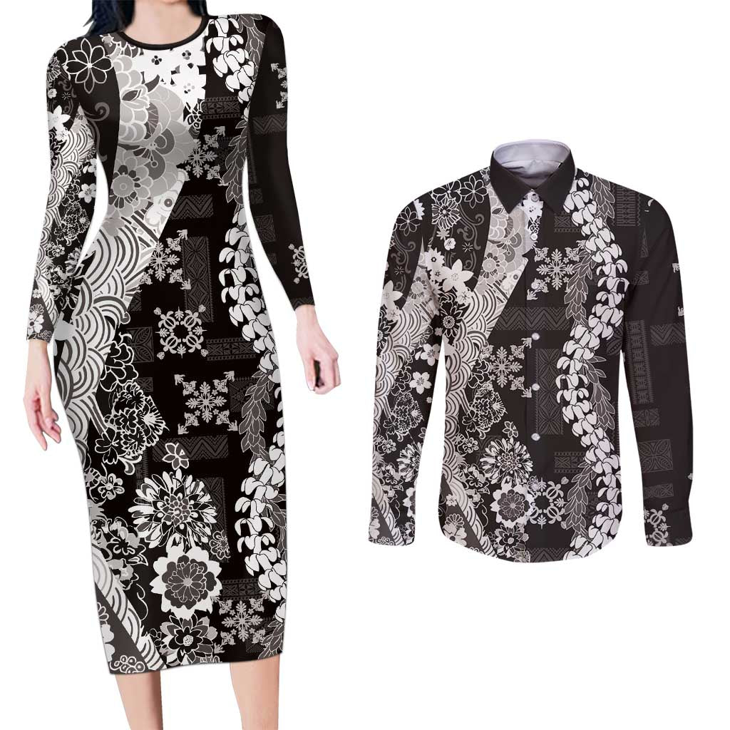 Hawaii Puakenikeni and Maile Lei Couples Matching Long Sleeve Bodycon Dress and Long Sleeve Button Shirt Black Japanese Wave Style LT9 Black - Polynesian Pride